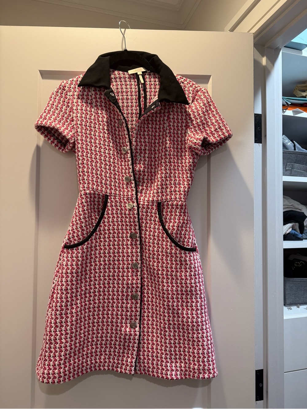 Maje Pink Tweed Button-Front Dress with Black Collar